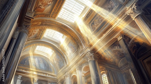 Basilica with frescoed vaulted ceiling light casting shadows on the stone below