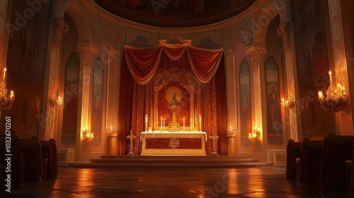 Basilica chapel with ornate altar frescoes illuminated by flickering candlelight