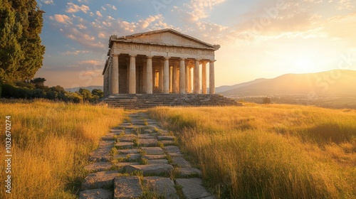 Greek temple with white marble columns atop a hill glowing in soft sunset light