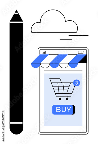 Depiction of a mobile shopping app interface with a shopping cart, buy button, and notification. Ideal for e-commerce, mobile apps, online shopping, digital retail, and technology themes. Clean