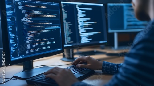 IT specialist works on personal computer with screens