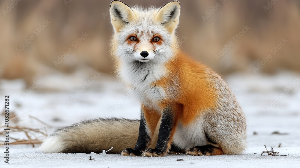 A red fox sitting on snowy ground.