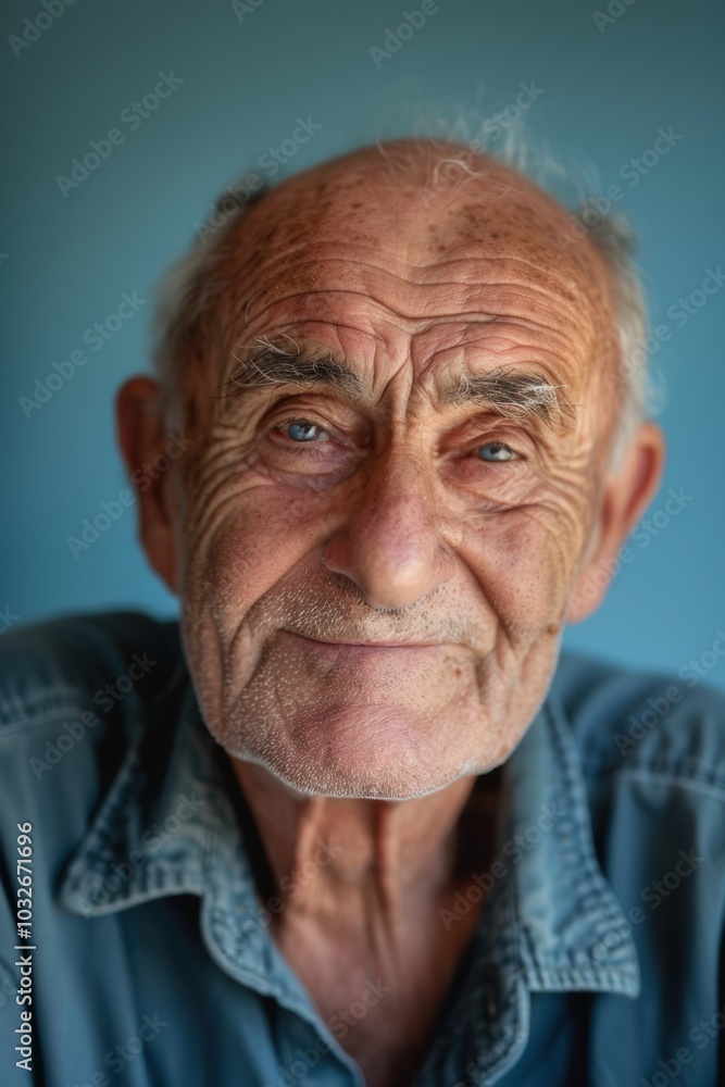 Portrait of Contentment and Wisdom on Pastel Blue Monochrome Background for Print or Poster Portrait of Contentment and Wisdom on Pastel Blue Monochrome Background for Print or Poster