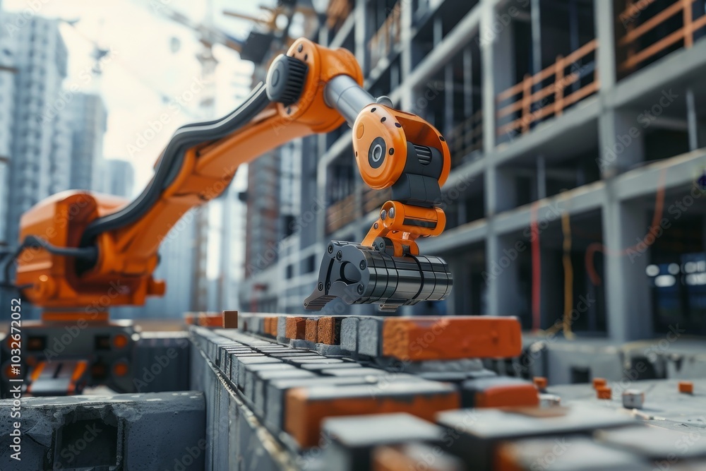 An innovative robotic arm laying bricks on a construction site, A robot operates on a construction site, showcasing advanced technology in building and engineering tasks. An innovative robotic arm laying bricks on a construction site, A robot operates on a construction site, showcasing advanced technology in building and engineering tasks.