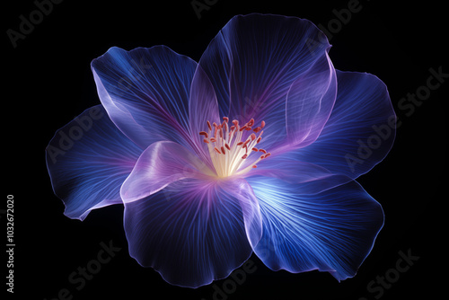 Milkwood pine flower petal made from purple neon glow light isolated on dark background