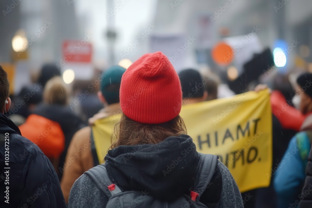 Person with orange hat participates in a protest, blurred crowd in background. Person with orange hat participates in a protest, blurred crowd in background.