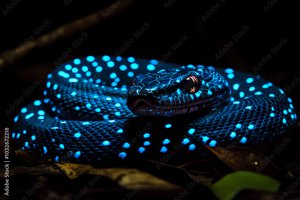 Fototapeta premium A majestic snake with bioluminescent spots glowing in the dark, creating a surreal and magical nighttime scene in the wild