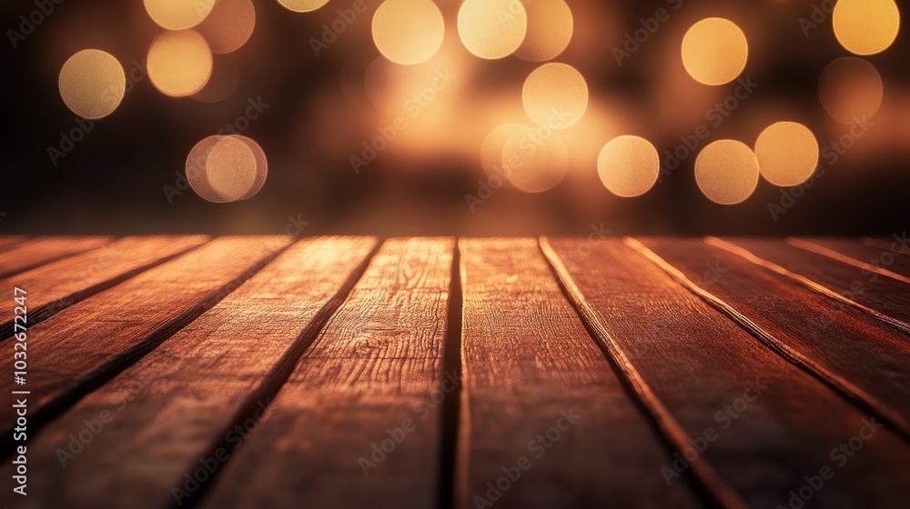 Warm Wooden Surface with Soft Blurred Lights Background Warm Wooden Surface with Soft Blurred Lights Background
