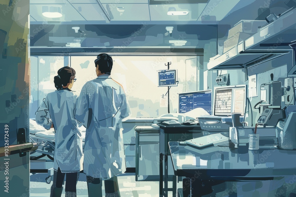 Obraz premium Medical Professionals Discussing Patient Care in a Modern Hospital Setting