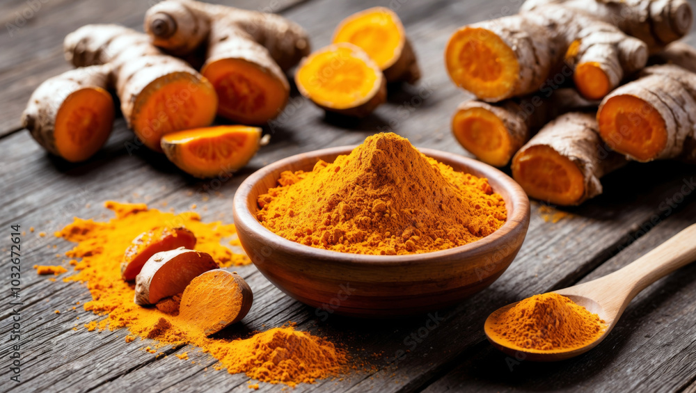 Raw and powdered turmeric on rustic surface Raw and powdered turmeric on rustic surface