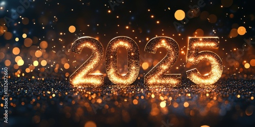 Golden 2025 numbers glowing against a bokeh background, symbolizing the upcoming New Year, with festive and celebratory atmosphere highlighted by warm lights and sparkling effects