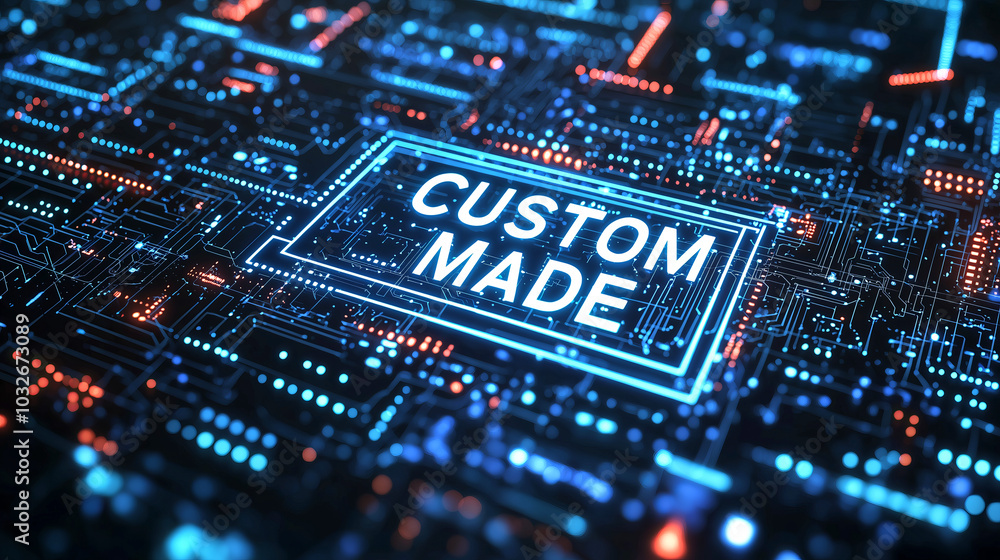 Fototapeta premium Customized circuit board design concept with CUSTOM MADE text and futuristic digital elements