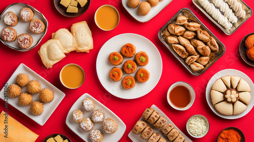 traditional festive dishes for Diwali, featuring colorful sweets and savory treats, symbolizing abundance, prosperity, and the joy of the Festival of Lights photo