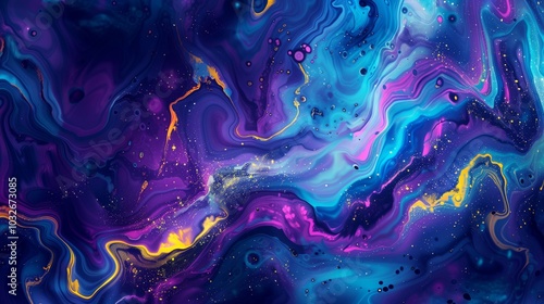 Painting of a galaxy with a blue background and gold and purple swirls