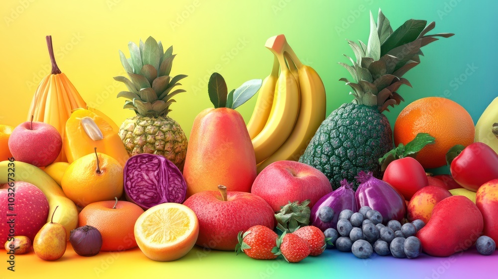 Assortment of fresh organic fruits and vegetables in rainbow colors Assortment of fresh organic fruits and vegetables in rainbow colors