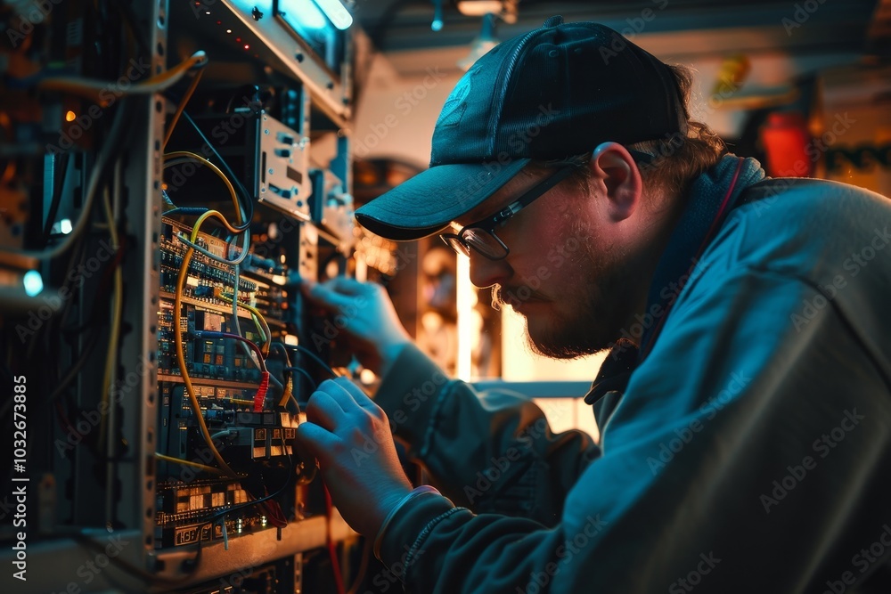 An IT professional repairing a supercomputer, A man in a hat and glasses diligently works on a computer, concentrating on his screen. An IT professional repairing a supercomputer, A man in a hat and glasses diligently works on a computer, concentrating on his screen.
