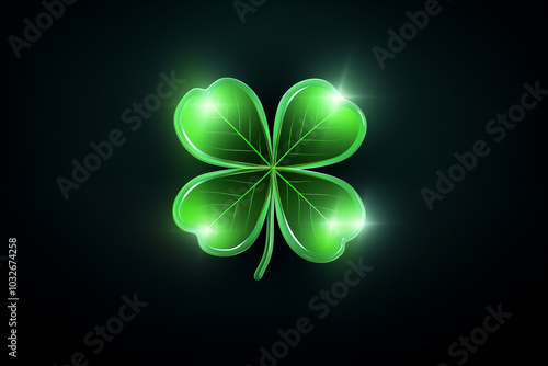 green shamrock leaf made from green neon glow light isolated on dark background