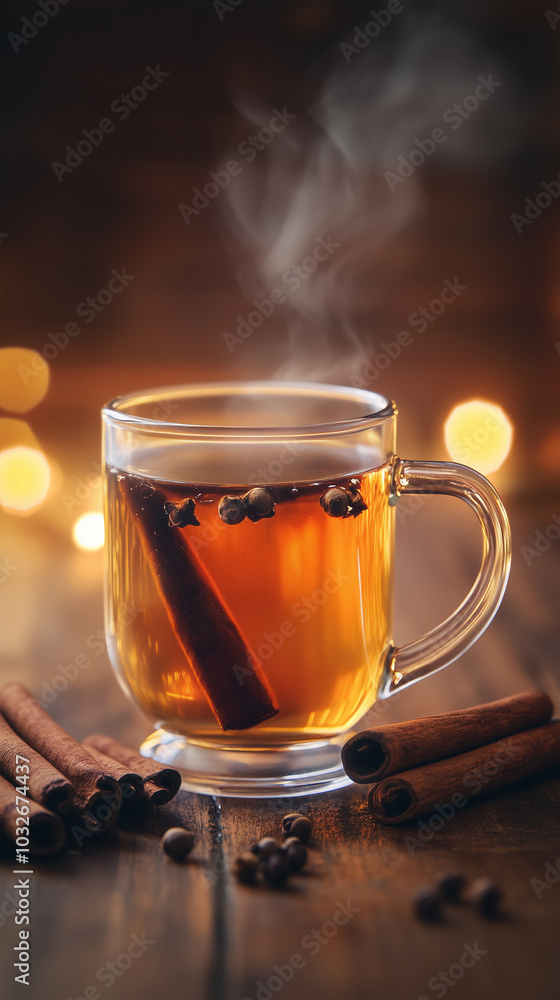 Hot spiced tea with cinnamon and cloves on wooden table. Hot spiced tea with cinnamon and cloves on wooden table.