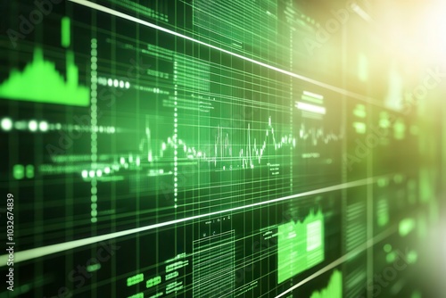 Abstract digital data visualization with green graphs on a dark background.