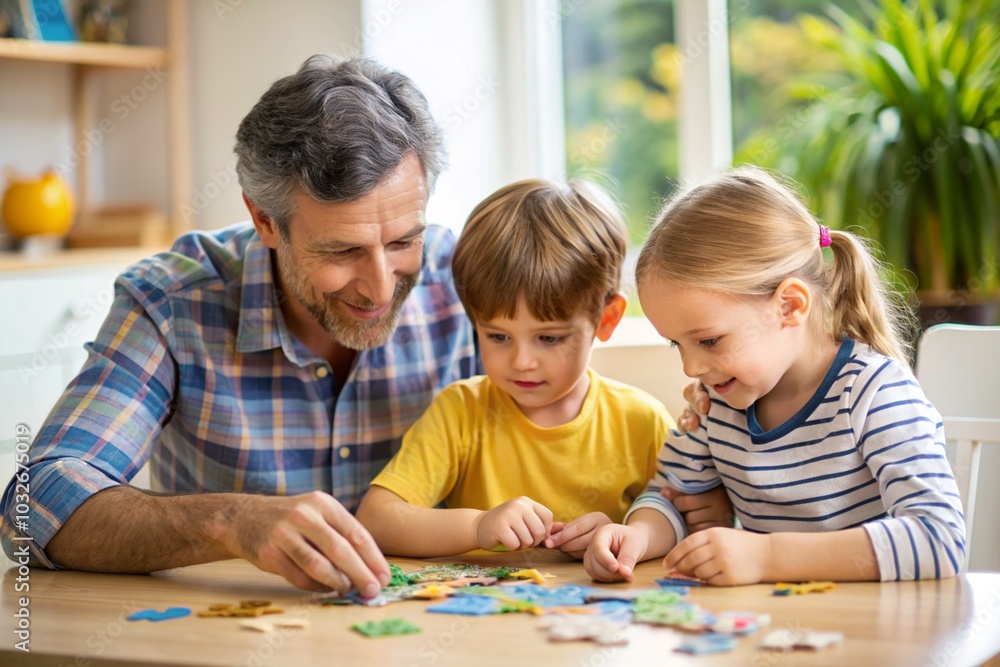 A man is playing with two children, one of whom is wearing glasses A man is playing with two children, one of whom is wearing glasses