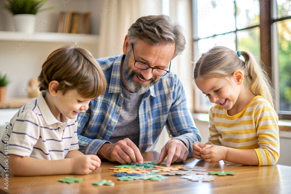 A man is playing with two children, one of whom is wearing glasses A man is playing with two children, one of whom is wearing glasses