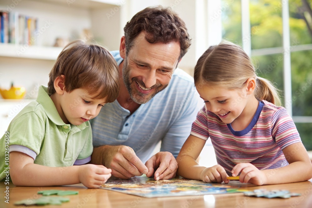 A man is playing with two children, one of whom is wearing glasses A man is playing with two children, one of whom is wearing glasses