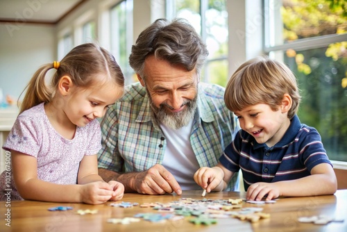 A man is playing with two children, one of whom is wearing glasses