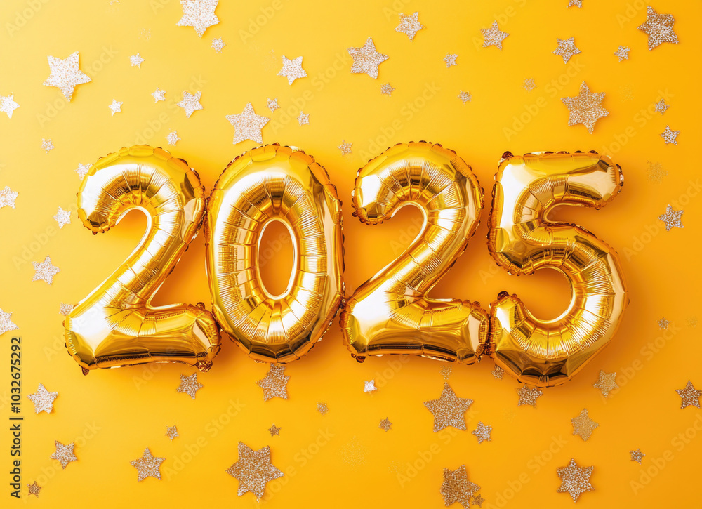 Golden 2025 balloons on yellow background with glittering stars Golden 2025 balloons on yellow background with glittering stars