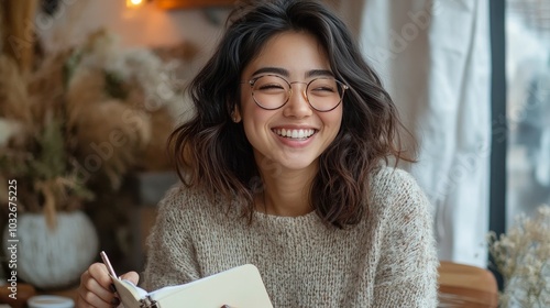 Young woman enjoying a cozy moment in a cafe while writing in her notebook