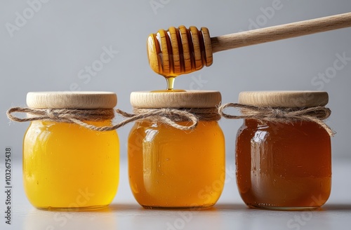 Delicious honey being drizzled from a wooden stick over glass jars in soft natural light