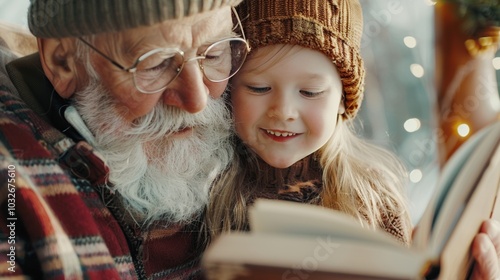 Grandfather and grandchild sharing a calm and loving reading moment together. photo