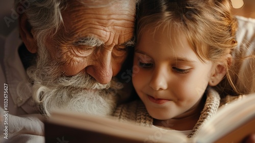 Horizontal view of a grandparent reading a book to his grandchild, both smiling gently. photo