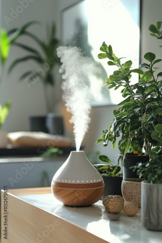 A modern diffuser releasing steam beside a vibrant potted plant on a wooden t...