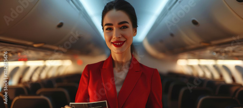 Friendly Flight Attendant in Airline Uniform Holding Safety Card in Airplane Aisle photo