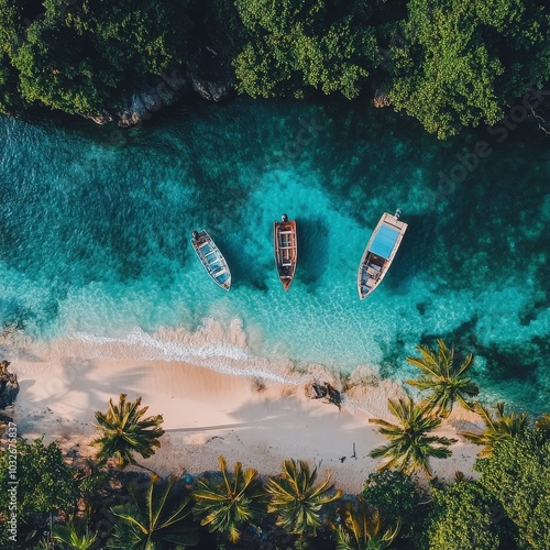 Serene tropical beach with crystal clear waters and fishing boats during a su...