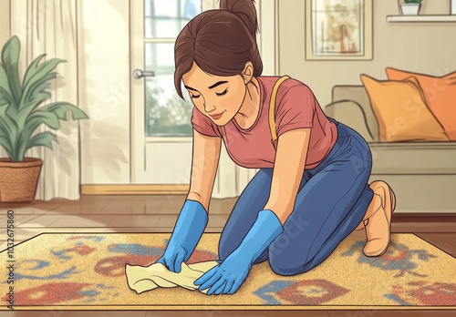 A woman diligently cleans a rug in her living room on a bright, sunny afternoon