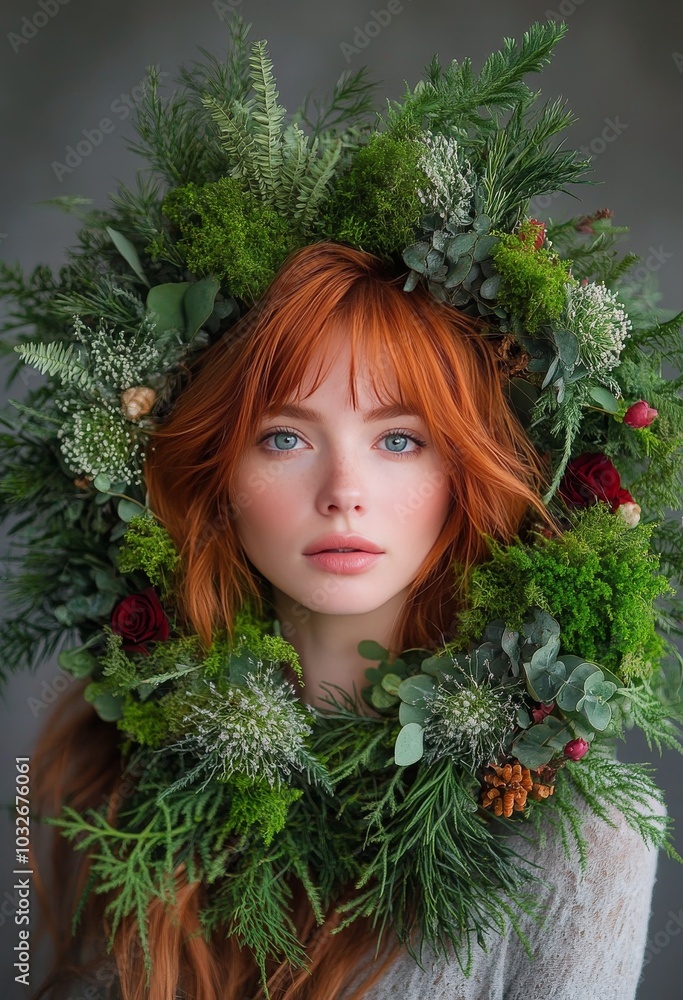 Young woman adorned with greenery during a creative indoor photoshoot in a cozy setting