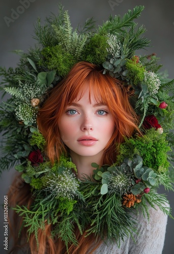 Young woman adorned with greenery during a creative indoor photoshoot in a co...