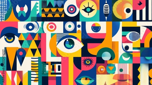 A vibrant collage of geometric shapes and eye motifs, showcasing colorful patterns and artistic design for modern aesthetics.