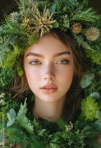 Young woman adorned with greenery during a creative indoor photoshoot in a co...