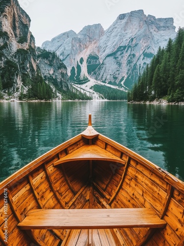 Exploring the tranquil waters of a mountain lake on a wooden boat surrounded ...
