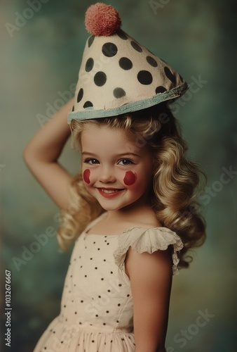 Young girl wearing a polka dotted hat with cheerful makeup, posing happily in...