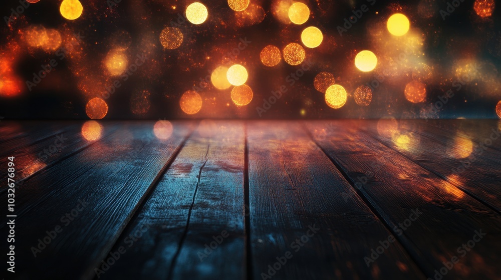 Warm Bokeh Lights on Dark Wooden Surface Background Warm Bokeh Lights on Dark Wooden Surface Background