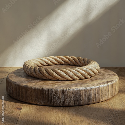 Wooden display with twisted rope on a circular stand, softly illuminated
