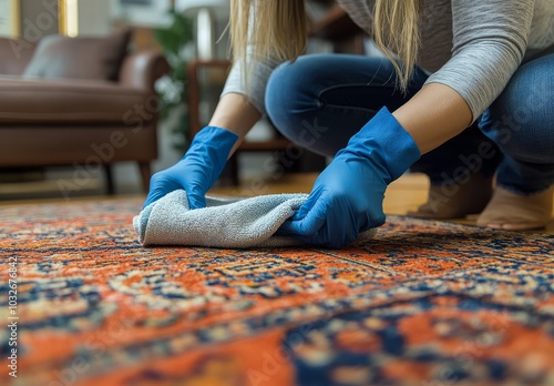 A woman diligently cleans a rug in her living room on a bright, sunny afternoon