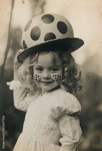 Young girl wearing a polka dotted hat with cheerful makeup, posing happily in...
