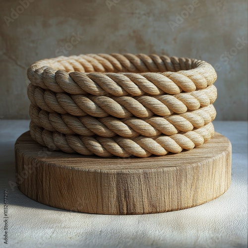 Wooden display with twisted rope on a circular stand, softly illuminated