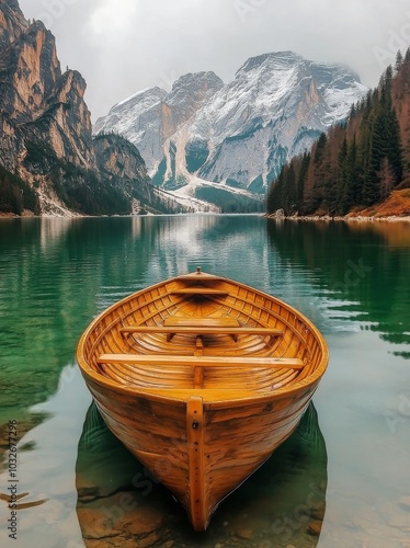 Exploring the tranquil waters of a mountain lake on a wooden boat surrounded ...