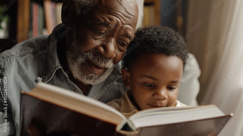 Grandfather and grandchild, lost in a book, creating lasting memories together. Grandfather and grandchild, lost in a book, creating lasting memories together.