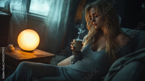 Cozy evening indoors as a woman enjoys a warm drink while relaxing in a softl...